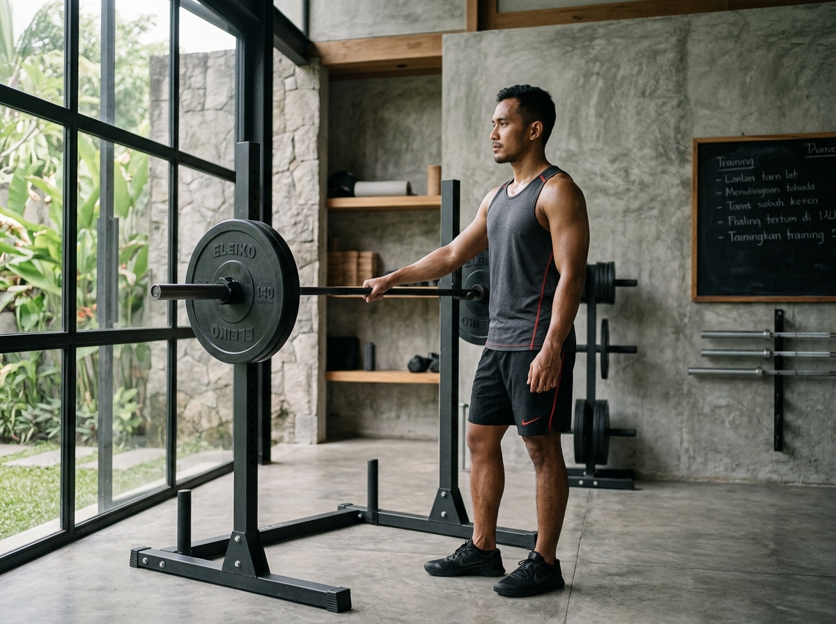 Focused athlete preparing for intentional barbell movement in a naturally lit architectural training space
